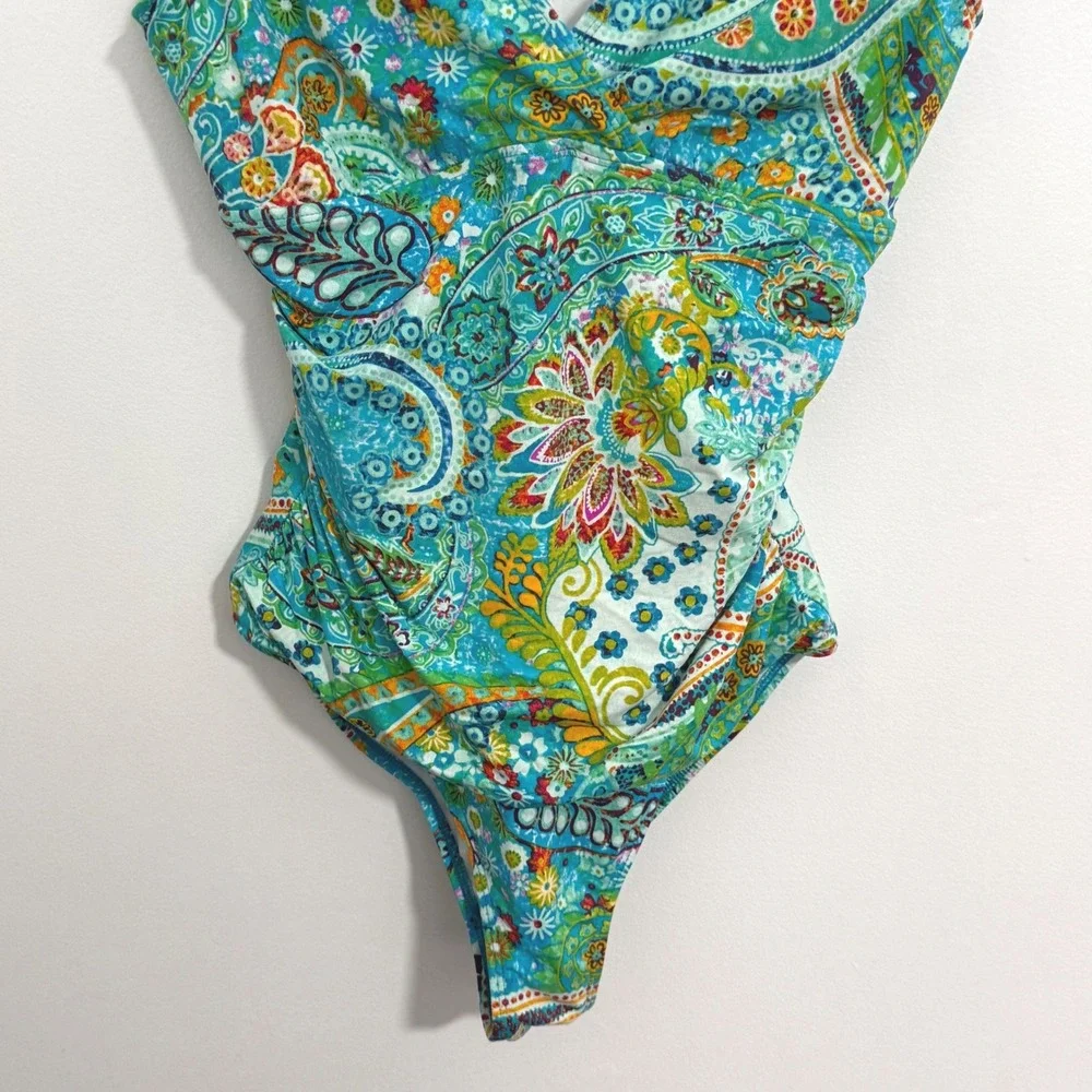 Lauren Ralph Lauren One Piece Swimsuit Women 8 Blue Paisley Floral Ruched V-Neck